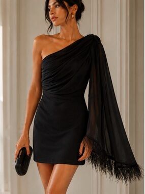 Luxxel One-Shoulder Black Draped Cocktail Dress with Feather Trim